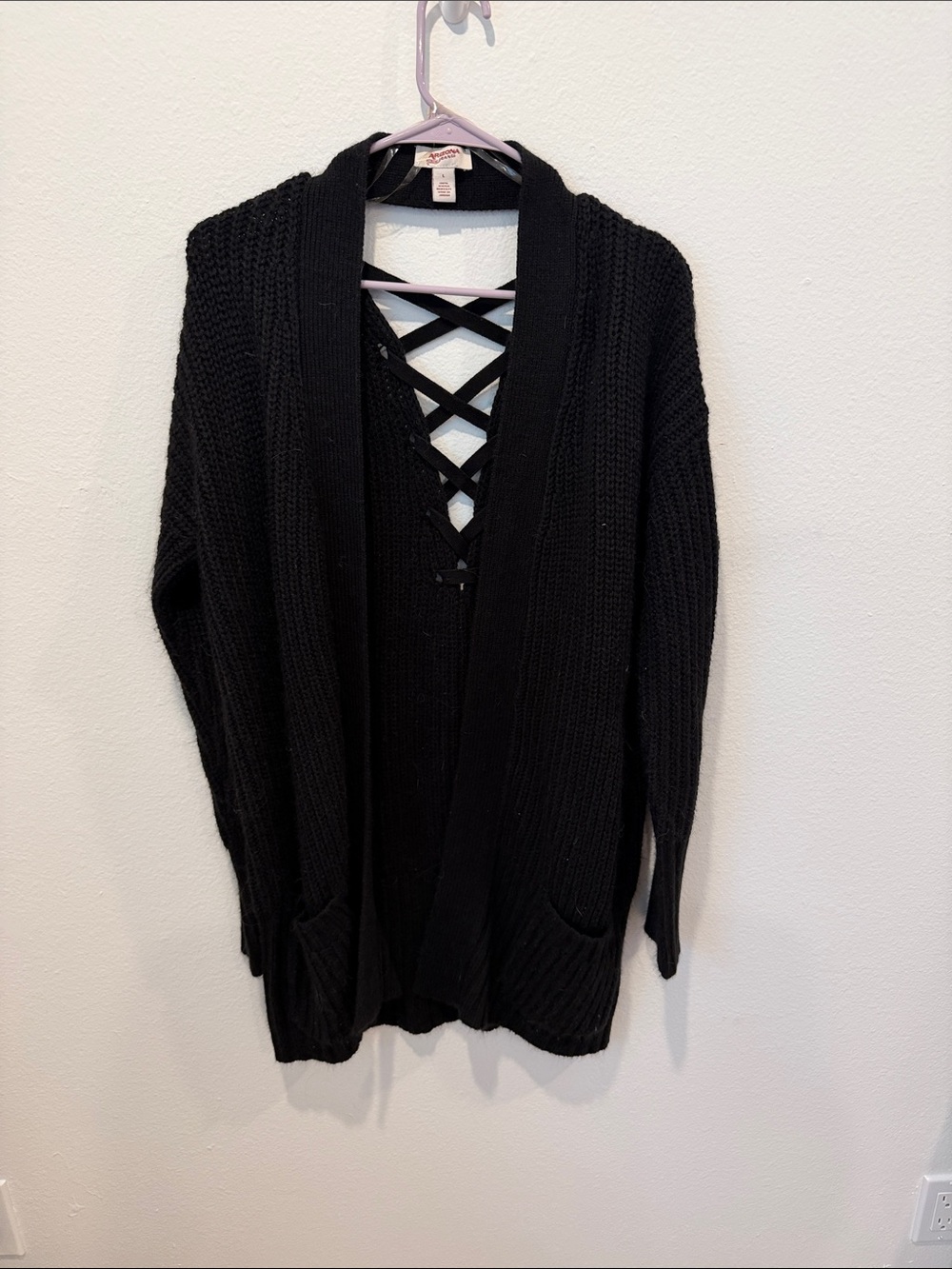 Black Crisscross Open-Front Knit Cardigan
